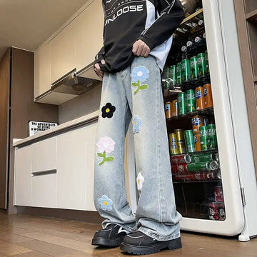 Aidase 2024 American Embroidered Jeans Men's Summer Loose Straight Leg Trendy Brand High Street Wide Leg Vintage Long Pants Befree aidase-shop